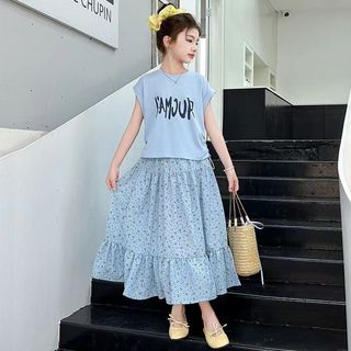 Bộ váy bé gái mùa hè phong cách Hàn Quốc - Áo tay ngắn phối chân váy hoa nhí dài thời trang
