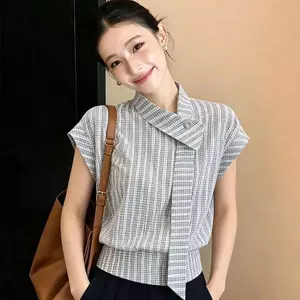 Áo sơ mi cao cấp không tay mùa hè Áo sơ mi ruy băng mỏng vừa vặn hơn Phong cách Hàn Quốc Áo sơ mi bay nhỏ tay áo nữ