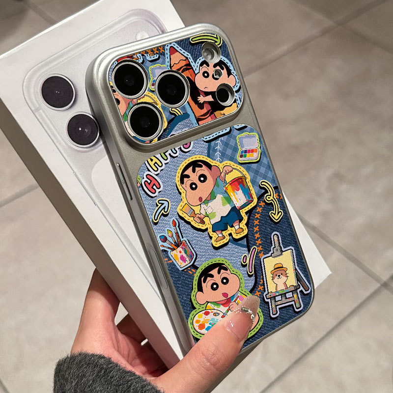 Ốp lưng iPhone Họa tiết da mạ Tím Crayon họa tiết Shin-chan iPhone 17 16 15 14 13 12 11 Pro Max Plus Max