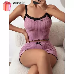 GAVESTO 2 Bộ đồ ngủ dệt kim gân dành cho nữ, Quần short viền rau diếp dễ thương mềm mại, Quần lót viền ren dành cho nữ