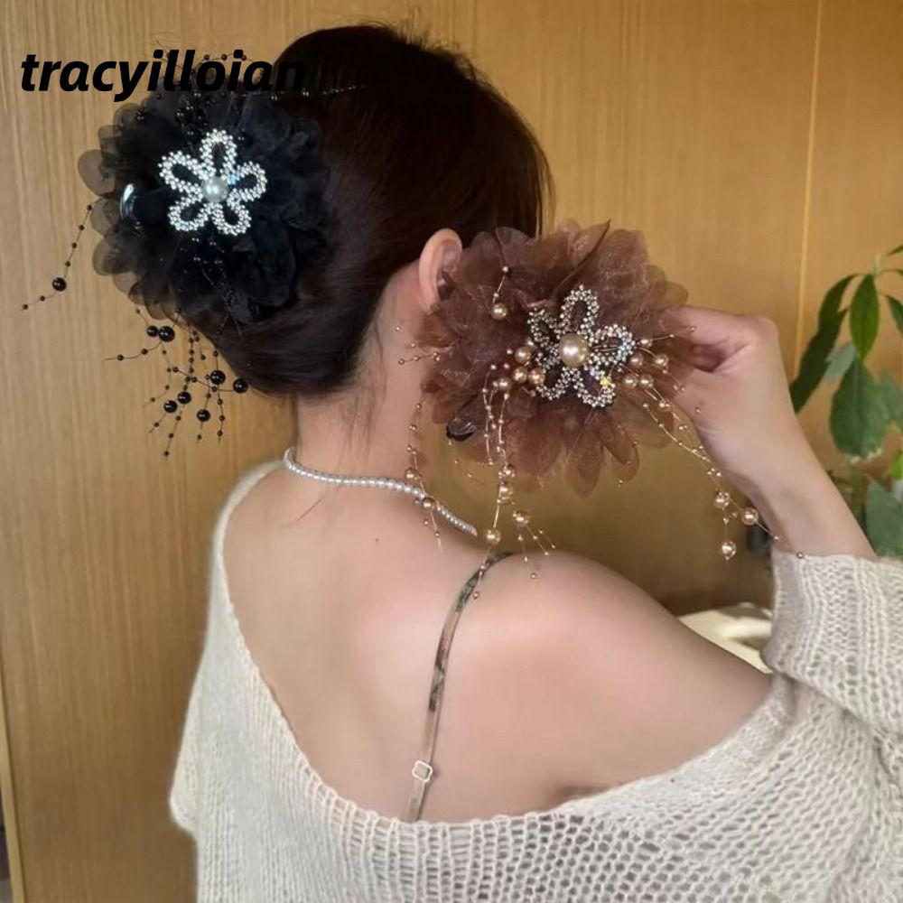 TRACEILLOIAN Móng Vuốt Tóc Hướng Dương, Kẹp Tóc Cá Mập Lấp Lánh Lưới, Kẹp Tóc Tua Rua Thời Trang Mũ Đội Đầu Nữ