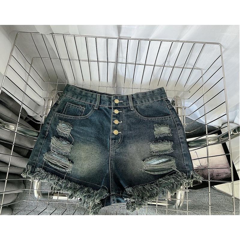 Quần Sooc Jean Nữ Bigsize 40-90kg, Quần Đùi Bò lưng cao rách 4 nút ống tua rua HÁCH DÁNG MS1093