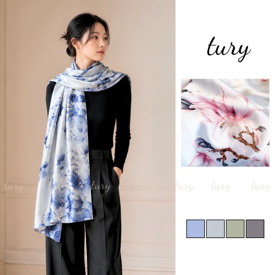 Khăn Choàng Lụa Nữ - Tury - Khăn Lụa 90x180cm Họa Tiết Hoa Phối Viền Thanh Lịch - KS126