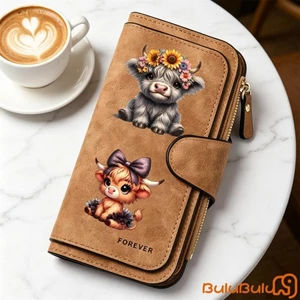 Ví đựng tiền xu bằng da PU dành cho nữ Ví gấp ba lần in hình bò cao nguyên dễ thương cho cuộc sống hàng ngày