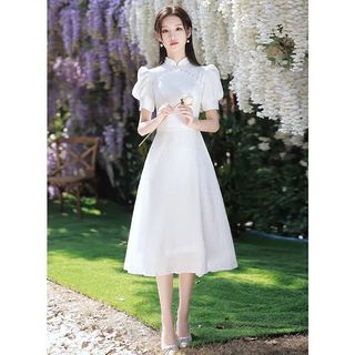 Sườn Xám Cách Tân Dáng Xòe Tay Bồng - Đầm Trắng Tiểu Thư Tôn Dáng