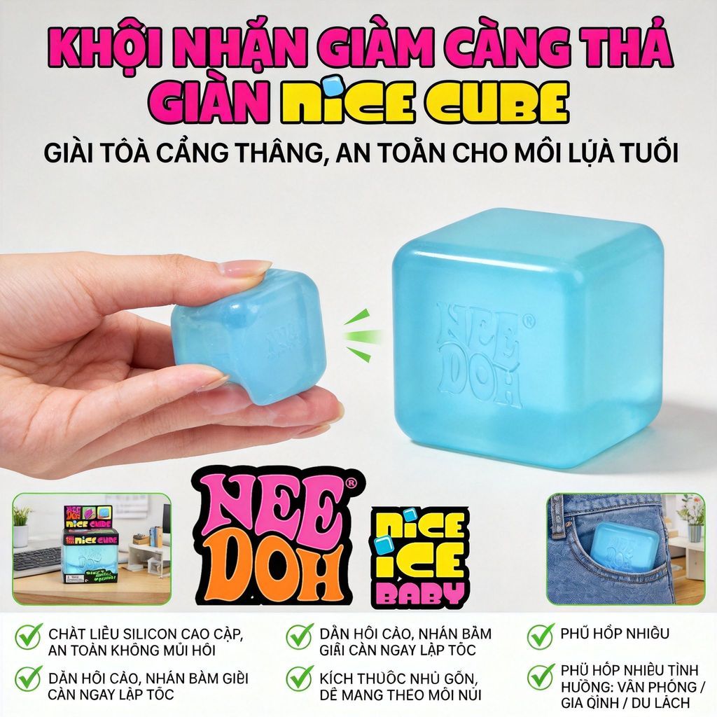 NeeDoh Nice Cube, đồ chơi bóp phục hồi hình vuông, độ bền vượt trội, mọi lứa tuổi, đồ chơi cảm giác Quà 1/6 đồ chơi