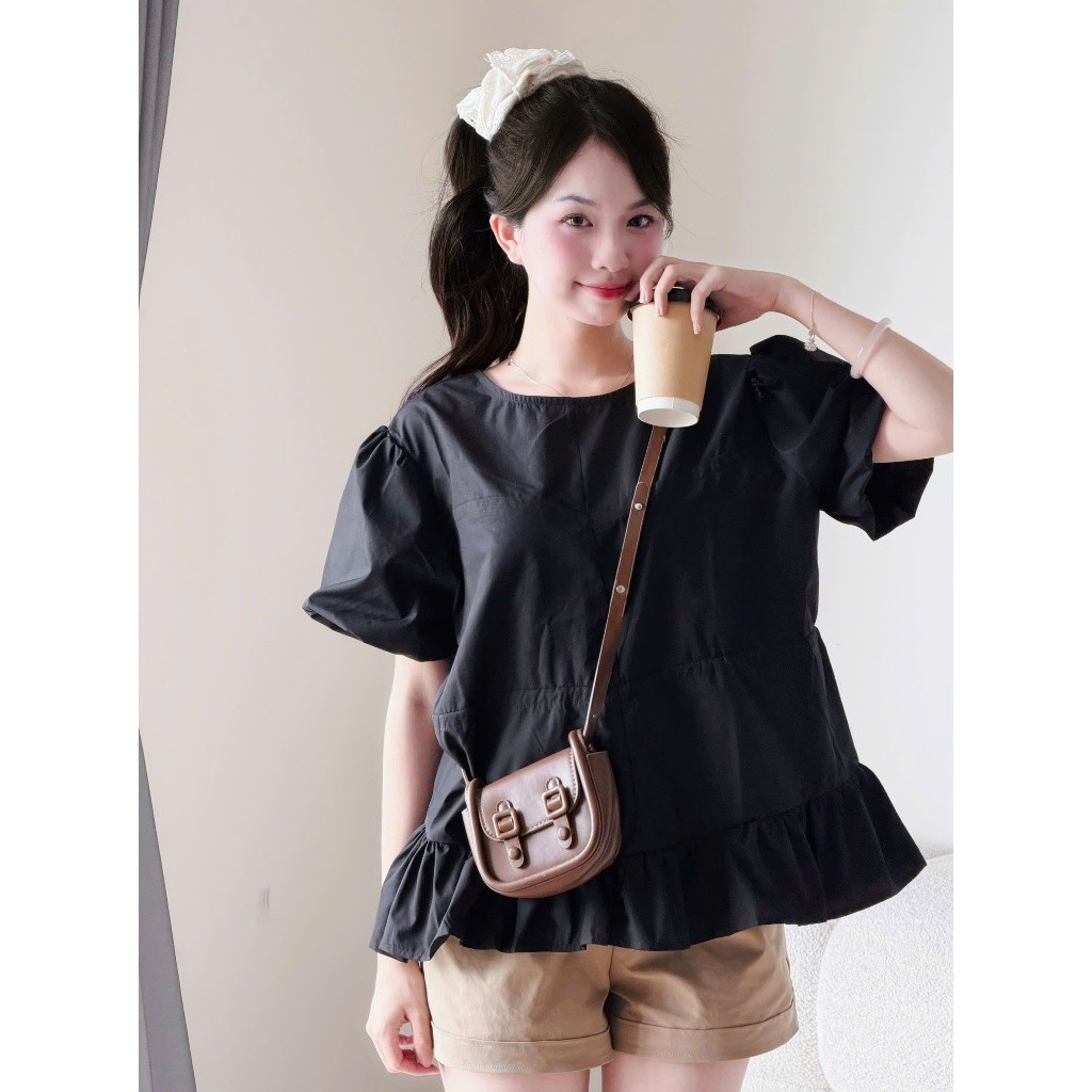 Áo kiểu babydoll dáng rộng dây buộc sau tay bồng chất thô Miha Studio
