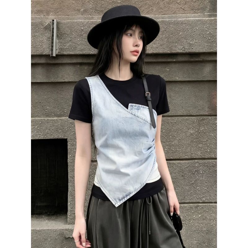 [Khuyến mãi trong thời gian có hạn] Áo thun Denim hai mảnh giả thiết kế cảm giác sang trọng ngắn hàng đầu dành cho nữ