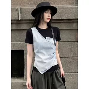 Áo thun Denim hai mảnh giả thiết kế cảm giác sang trọng ngắn hàng đầu dành cho nữ