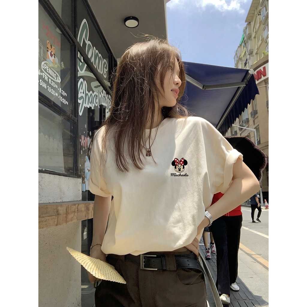 （Giao hàng 24h）Angela Áo thun ngắn tay in hình hoạt hình cotton nguyên chất mùa hè kiểu Mỹ