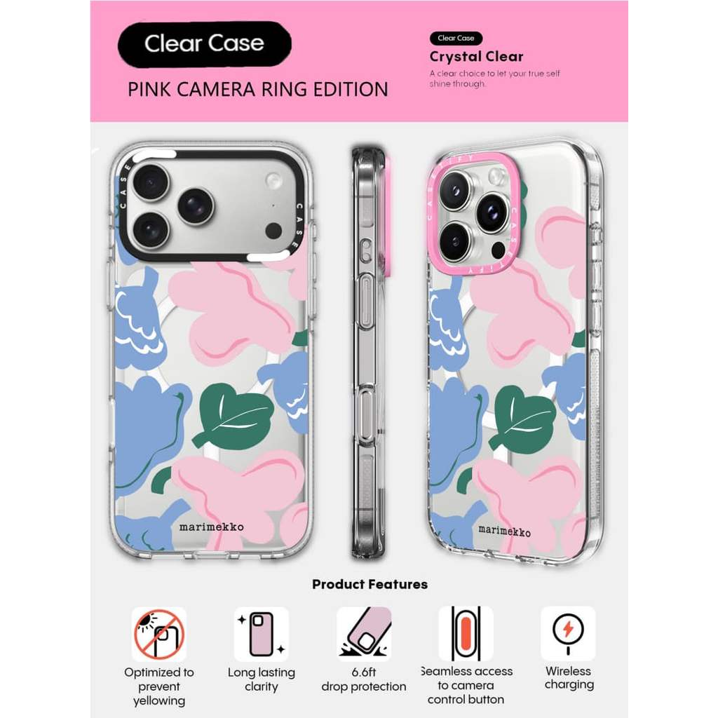 CASECASE X Blue Pink Green Flower Phone Case HỒNG CAMERA RING EDITION Tác động Vỏ hút từ tính trong suốt cho iPhone 17 / 16 / 15 / 14 / 13 Pro Max Air với bao bì cao cấp