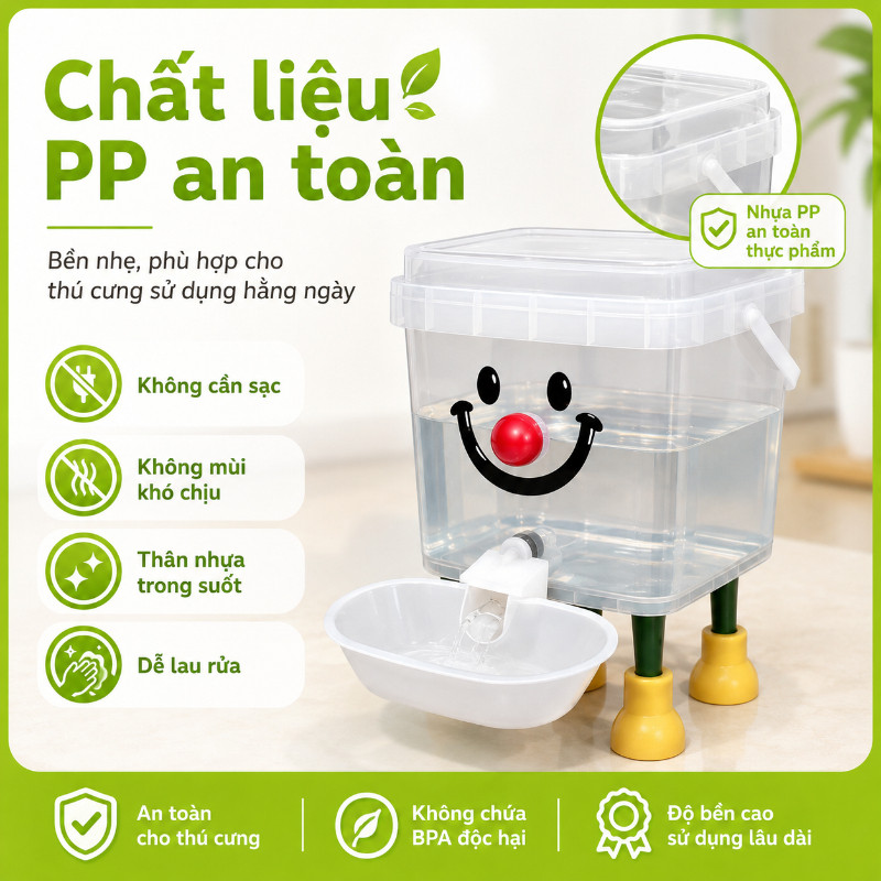 Máy Phun Nước Tự Động 3L/5L Trong Suốt Cho Thú Cưng, Bình Uống Có Bát Cho Chó Mèo Chất Liệu PP Dễ Làm Sạch