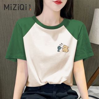[MIZIQI] Áo thun ngắn tay Cotton nguyên chất dành cho nữ, cổ tròn in hình hoạt hình màu tương phản dáng rộng
