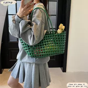 Túi đeo vai nữ CPINCP, Túi Tote dệt dung tích lớn, Túi xách rỗng màu trơn thời trang