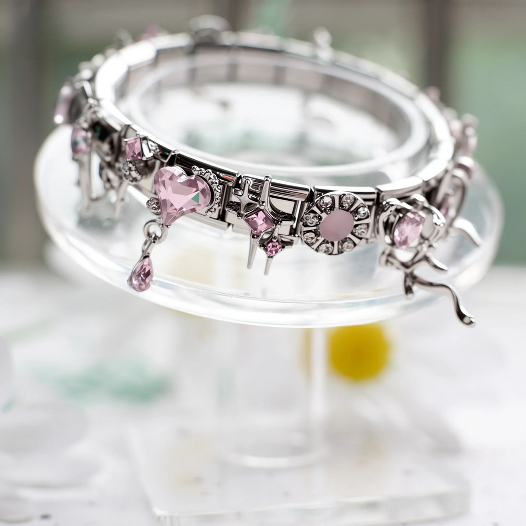 Vòng tay mô-đun Ý bằng thép không gỉ, Vòng tay DIY mặt dây chuyền Zircon màu hồng, Vòng tay quyến rũ Ý