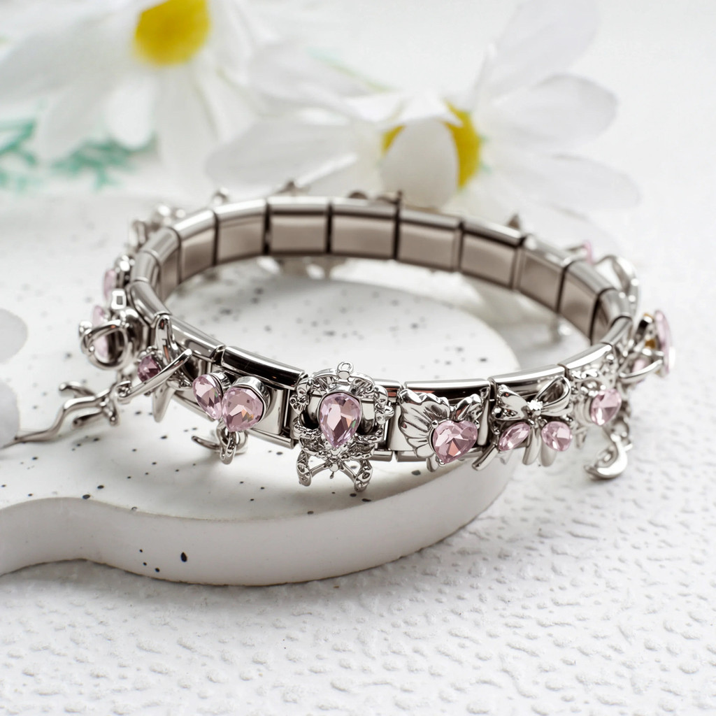 Vòng tay mô-đun Ý bằng thép không gỉ, Vòng tay DIY mặt dây chuyền Zircon màu hồng, Vòng tay quyến rũ Ý