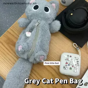 MỚI Màu Xám Sang Trọng Mèo Túi Bút Dễ Thương Để Bàn Hoạt Hình Văn Phòng Phẩm Túi Bảo Quản Bút Chì Túi Đựng Bút Chì SKY