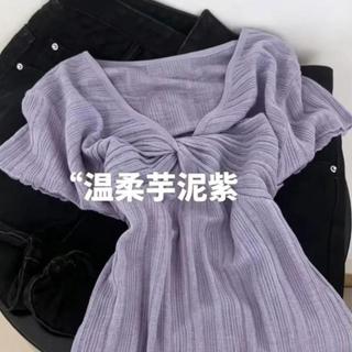 [Hàng mới về] Áo thun ngắn tay dệt kim cổ chữ V sáng nhẹ nhàng sáng đẹp thắt nút nơ nữ mùa hè độc đáo Sli đẹp