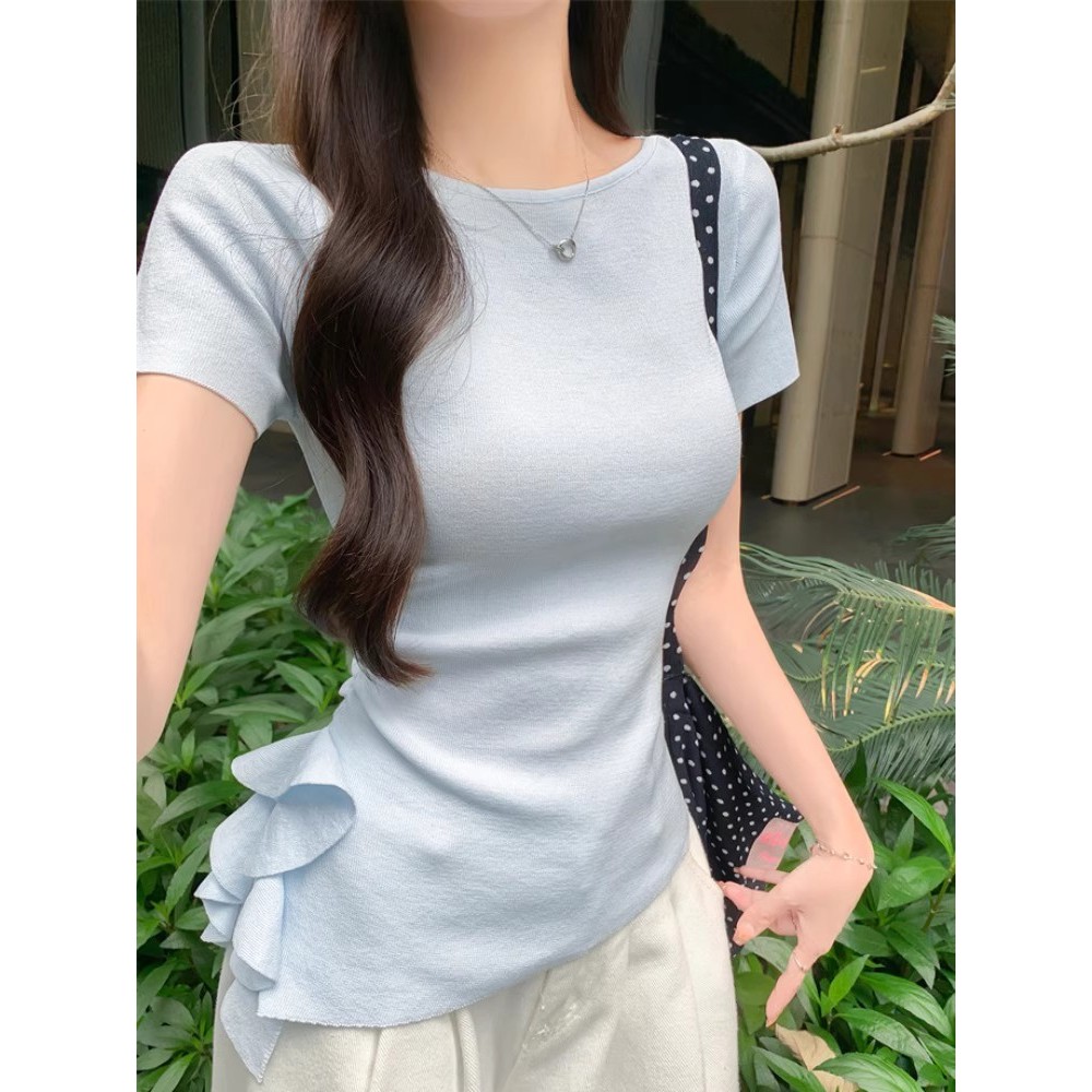 SUXI Áo thun dệt kim ngắn tay màu trơn nhẹ nhàng dành cho nữ mùa hè mới 260603