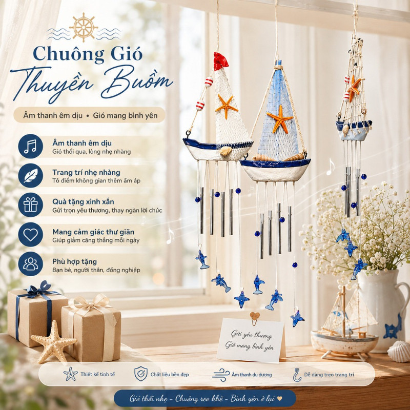 Chuông Gió Thuyền Buồm Sáng Tạo – Phong Cách Địa Trung Hải, Màu Xanh Biển – Treo Trang Trí Nhà Bếp, Văn Phòng, Phòng Ngủ