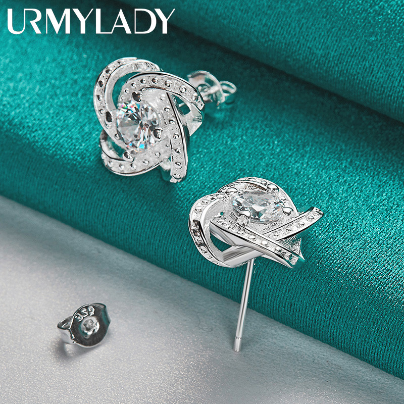 URMYLADY Bạc 925 Bốn Lá Cỏ Ba Lá Zircon Bông Tai Bông Tai Dành Cho Nữ Quyến Rũ Cưới Đính Hôn Trang Sức Thời Trang