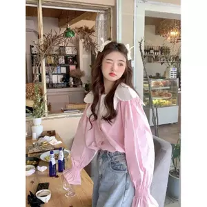 Áo sơ mi cổ búp bê màu tương phản giảm tuổi ngọt ngào phong cách phương Tây dáng rộng dáng ôm hơn Áo dài tay