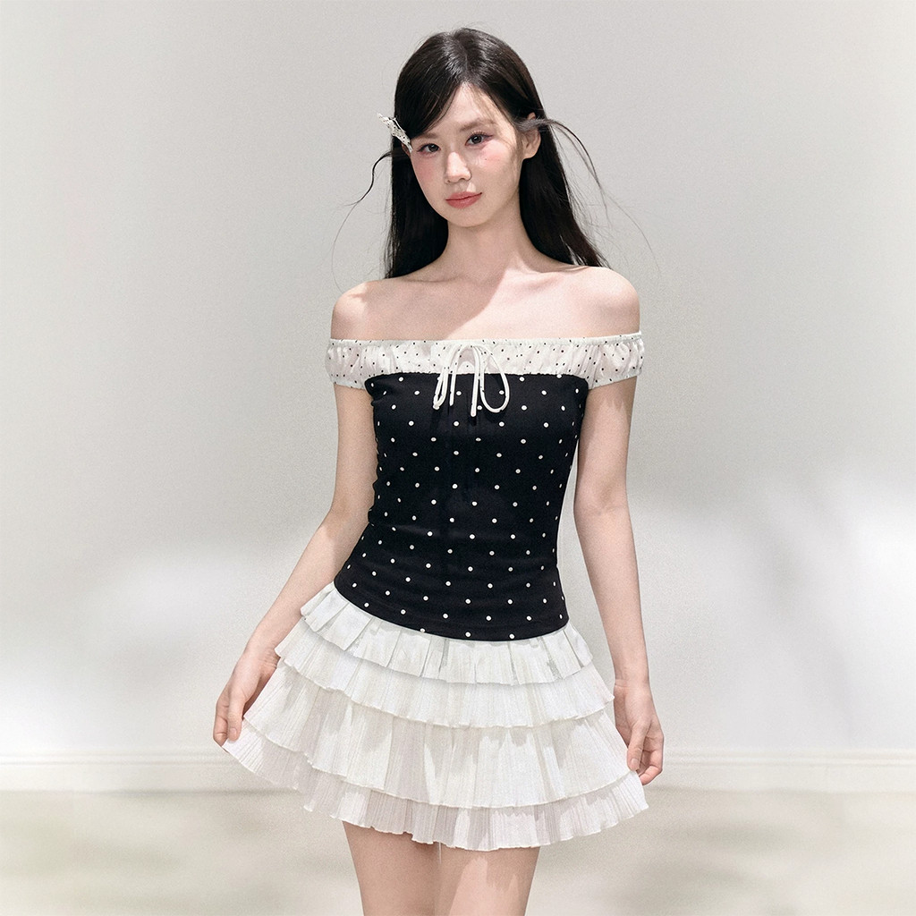 Áo Thun Nữ Chấm Bi Kiểu Trễ Vai  Phối Dây Thắt Nơ Ngực A51523