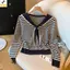 < YEI > Áo thun dài tay sọc phong cách Preppy dành cho nữ V-ne Áo dệt kim thông thường mới