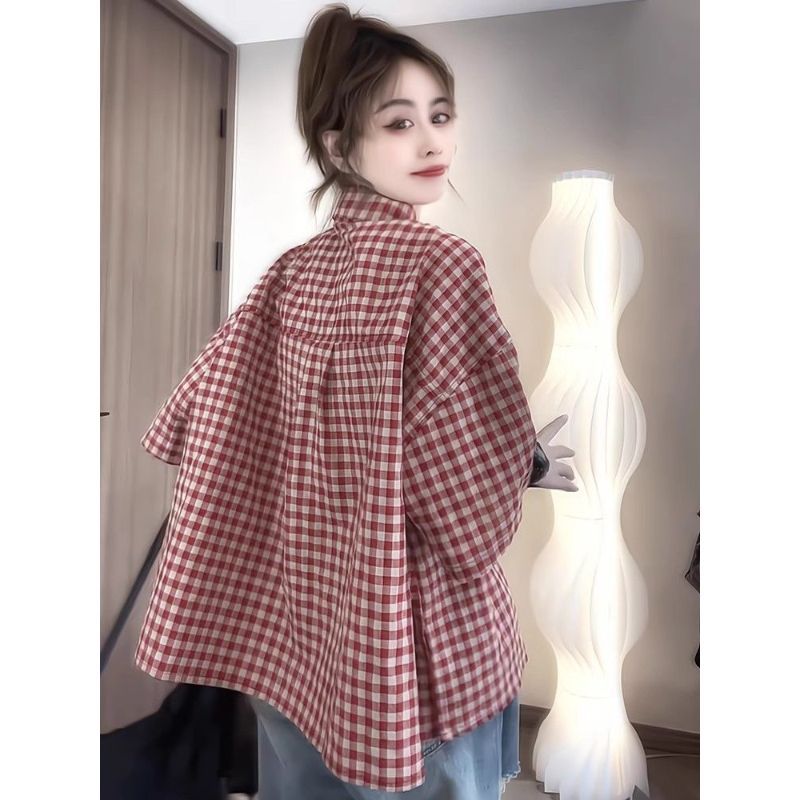 [Giảm giá trong thời gian có hạn] Áo sơ mi kẻ sọc đỏ đi lại mùa hè dành cho nữ, phong cách mới béo mm dáng rộng dáng rộng dáng rộng hơn Tính khí cao cấp
