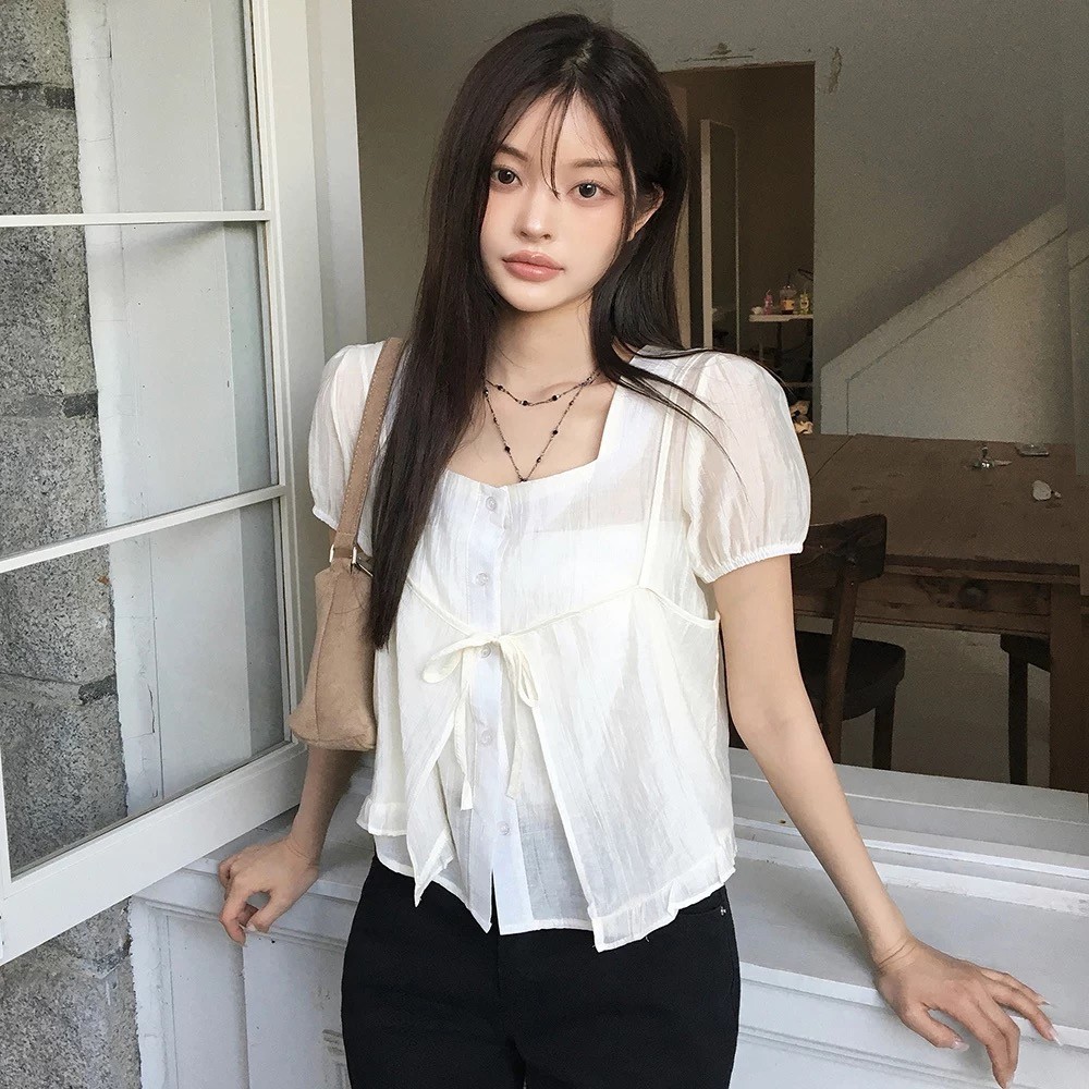 SUXI Áo sơ mi ngắn tay có dây buộc nhẹ nhàng dành cho nữ mùa hè mới 260609