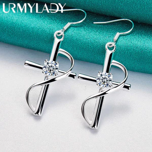 URMYLADY Bạc 925 Chữ Thập Zircon Bông Tai Nữ Quyến Rũ Trang Sức Cưới Thời Trang