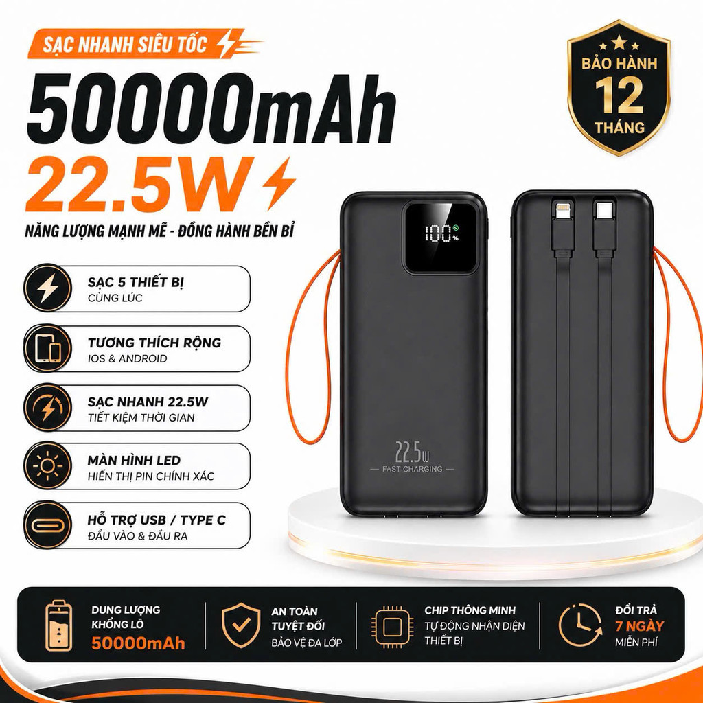 Sạc Dự Phòng 50000mAh 22.5W Sạc Nhanh PD/QC Có Đèn Led Màn Hình Led Tương Thích Nhiều Dòng Thiết Bị
