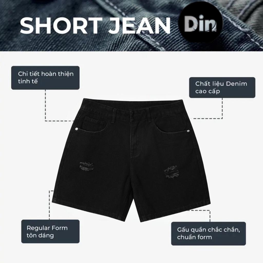 Quần Short Jean Nam DIN, Quần Bò Đen Rách Nhỏ Form Trên Gối, Chất Cotton Thoải Mái Dễ Phối Đồ JD388
