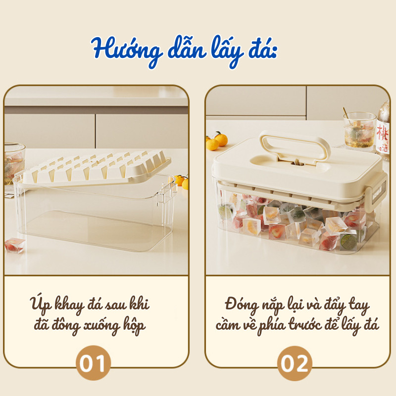 Hộp Làm Đá 84 Viên Tự Động HomeMate 3 Tầng Có Nắp Đậy, Khay Làm Đá Viên Kèm Hộp Đựng Tiện Lợi