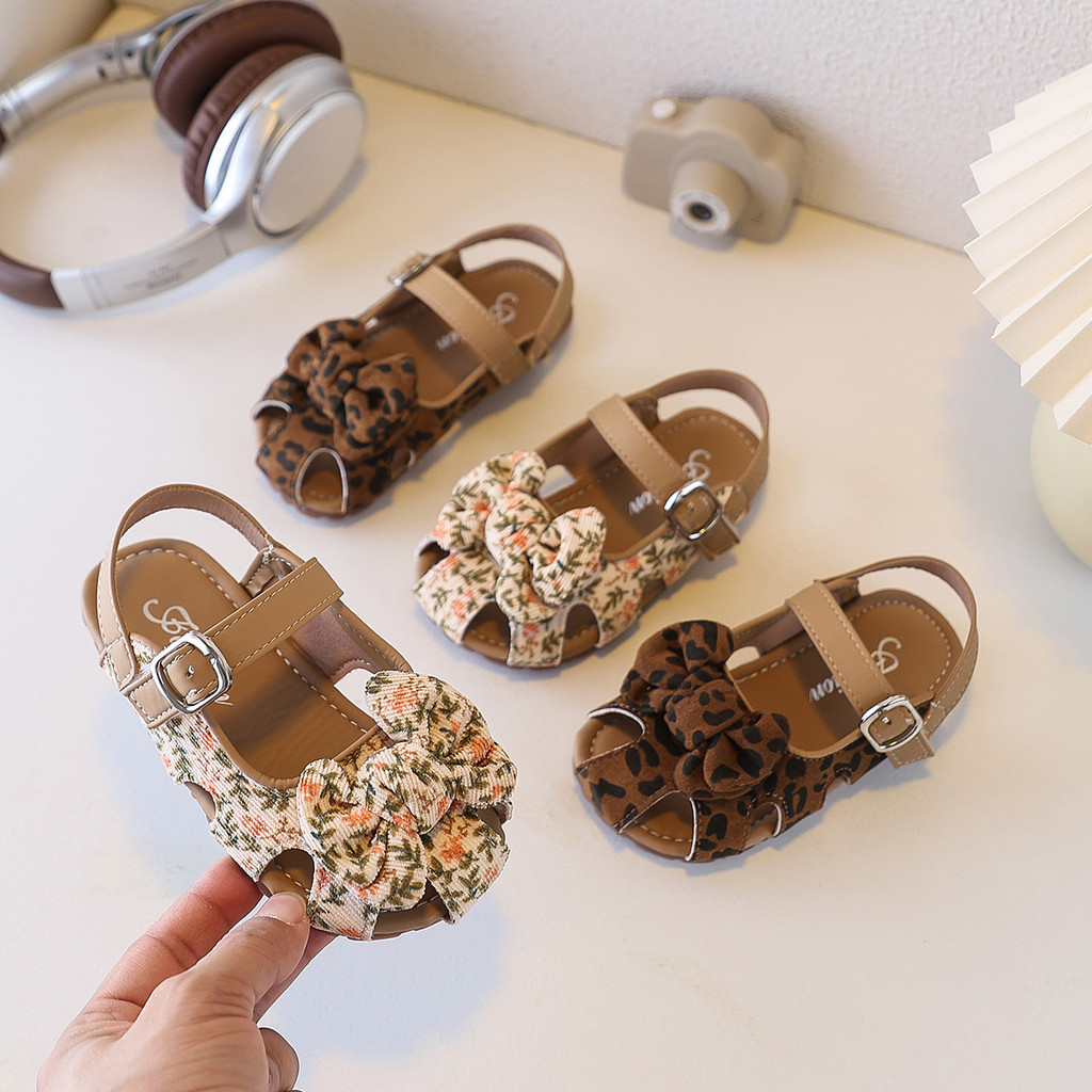 Bella Neman Giày sandal bé gái đầu búp bê hoa/leopard nơ, đế mềm êm chân, chống trượt mùa hè