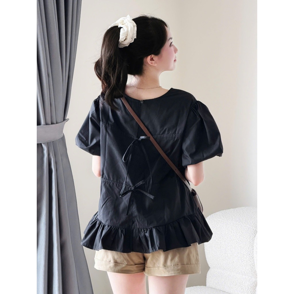 Áo kiểu babydoll dáng rộng dây buộc sau tay bồng chất thô Miha Studio