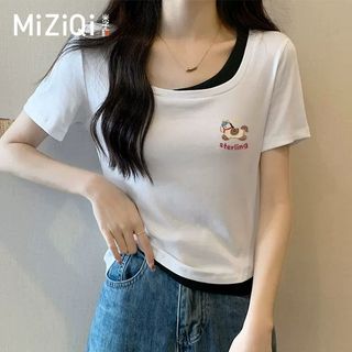 [MIZIQI] Áo thun ngắn tay hai mảnh cổ vuông giả dành cho nữ, Áo ngắn dáng rộng mùa hè