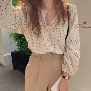 Thiết kế Đèn lồng Mùa xuân Retro Chấm bi Áo sơ mi voan kiểu Pháp Áo sơ mi dài tay dáng rộng hàng đầu Phong cách mới