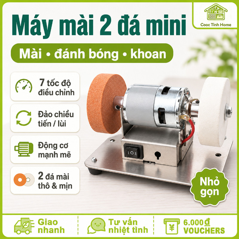 Máy Mài 2 Đá Mini Để Bàn Điều Chỉnh 7 Tốc Độ, Thiết Kế Nhỏ Gọn Điện 220V, Dùng Mài Dao Kéo Cho Gia Đình & Xưởng