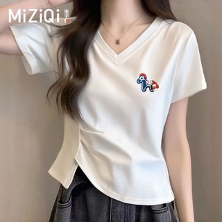 [MIZIQI] Áo thun ngắn tay cổ chữ v Cotton nguyên chất dành cho nữ, Áo ngắn có khe hở viền không đều