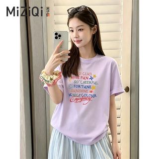 [MIZIQI] Áo thun ngắn tay dáng rộng Cotton nguyên chất dành cho nữ, Áo cổ tròn in hình phong cách đơn giản