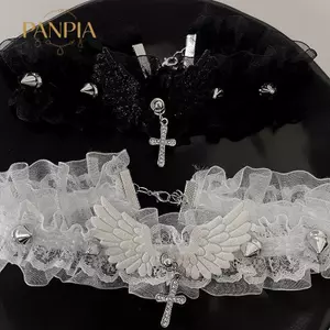 PNPIA- Thời Trang Màu Trơn Nữ Bé Gái Nelace Rộng Ren Đinh Tán Gothic Ren Choker Y2K Đôi Cánh Thiên Thần Da Thoáng Mát Nelace