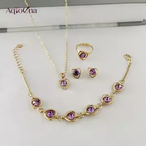 Trang sức AqToCna: Trái tim cắt, Bông tai đính kim cương màu, Bộ trang sức tay, Nelace thời trang, Bộ nhẫn 4 mảnh AqToCna