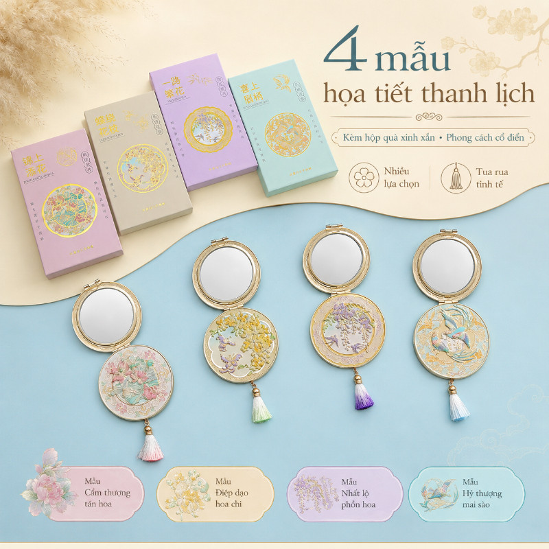 Gương cầm tay gương cổ trang mini phong cách Trung Hoa hoa văn tinh xảo quà tặng bạn gái