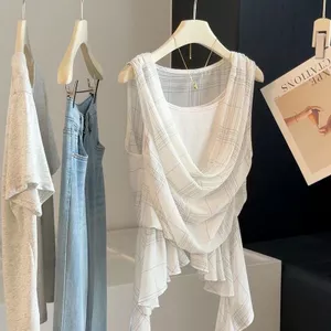 Không Đều Ruy Băng Kẻ Sọc Áo Vest Nữ Thiết Kế Mùa Hè Niche Xoay Cổ Thời Trang Khâu Giả Hai Mảnh Hàng Đầu