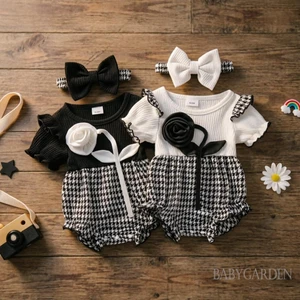 Bé Gái Mùa Hè Houndstooth Romper Tay Ngắn Cổ Tròn 3D Hoa Trang Trí Romper Có Băng Đô