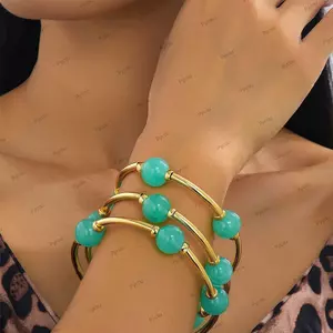 Vòng tay vàng dày bóng PYCOU, Vòng tay đính cườm đàn hồi màu đỏ xanh lá cây, Phụ kiện trang sức xếp chồng lên nhau cho nữ Cô gái