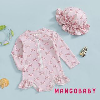 MG-Baby Girl Rash Guard Đồ bơi dài tay Nơ / Bộ đồ tắm in hình anh đào Đồ bơi trẻ sơ sinh có mũ chống nắng