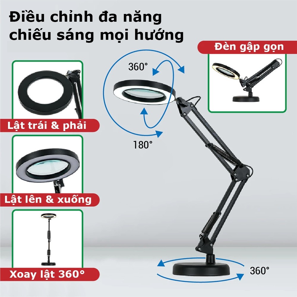Kính lúp kẹp bàn tích hợp đèn kính lúp Led 12W, biến hóa linh hoạt thành kính lúp để bàn khi cần
