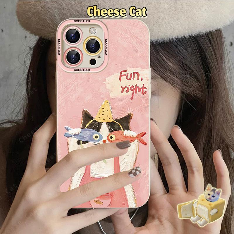 Ốp điện thoại hình mèo con có dây buộc màu hồng và bắt cá cho iPhone 13 14 15 Plus 11 12 16 17 Pro Max XR Xs Max 7Plus